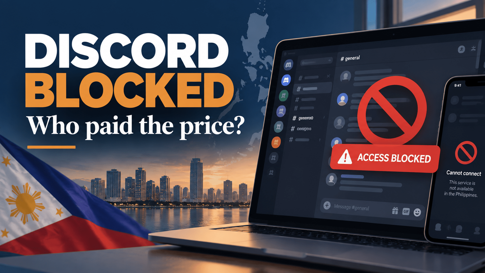 Illustration Of Discord Being Blocked In The Philippines On A Laptop And Phone